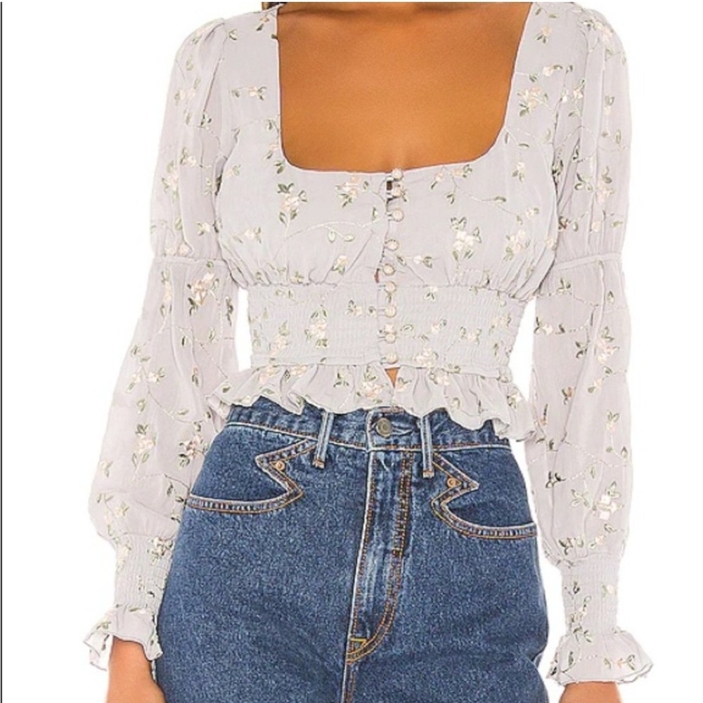 Majorelle Emerson Top Small White Floral Embroidered Smocked Pearl Blouse